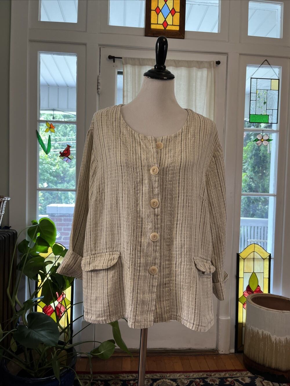 FLAX Jacket Beige 1G/1X Lagenlook 100% Linen Coastal Minimal Button Woven Crop